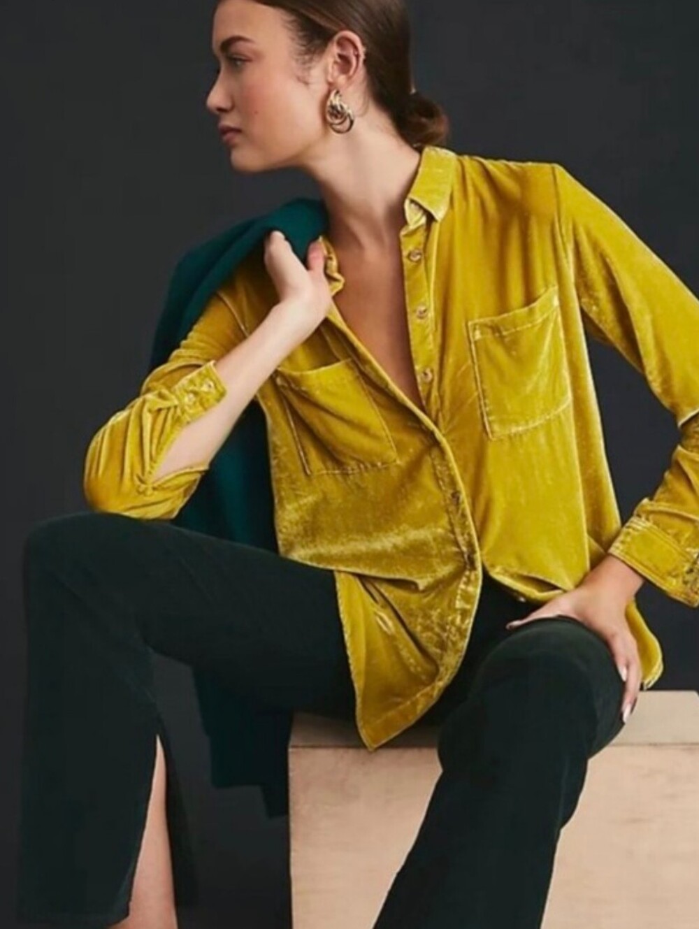 Maeve Anthropologie Autumn Gold Crushed Velvet Button Down Shirt Size S